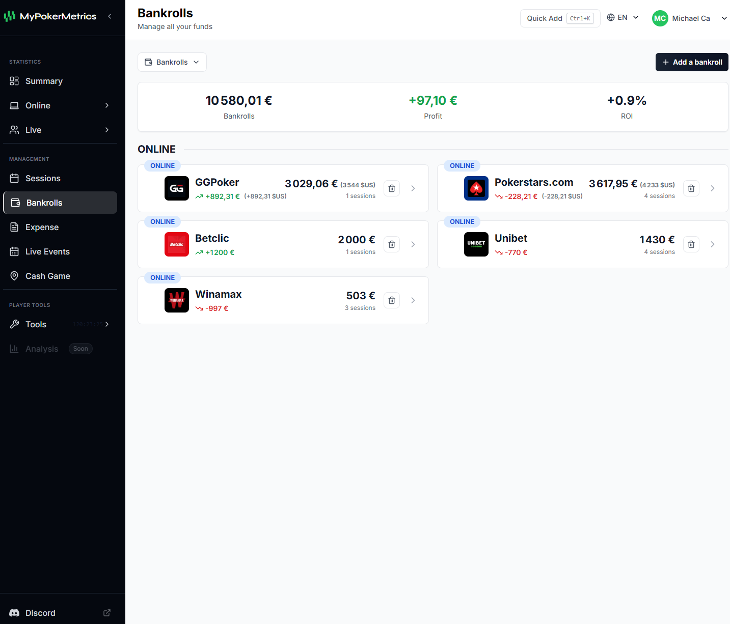 Bankrolls — totaux, résultat, ROI, rooms en ligne et capital (interface web MyPokerMetrics)