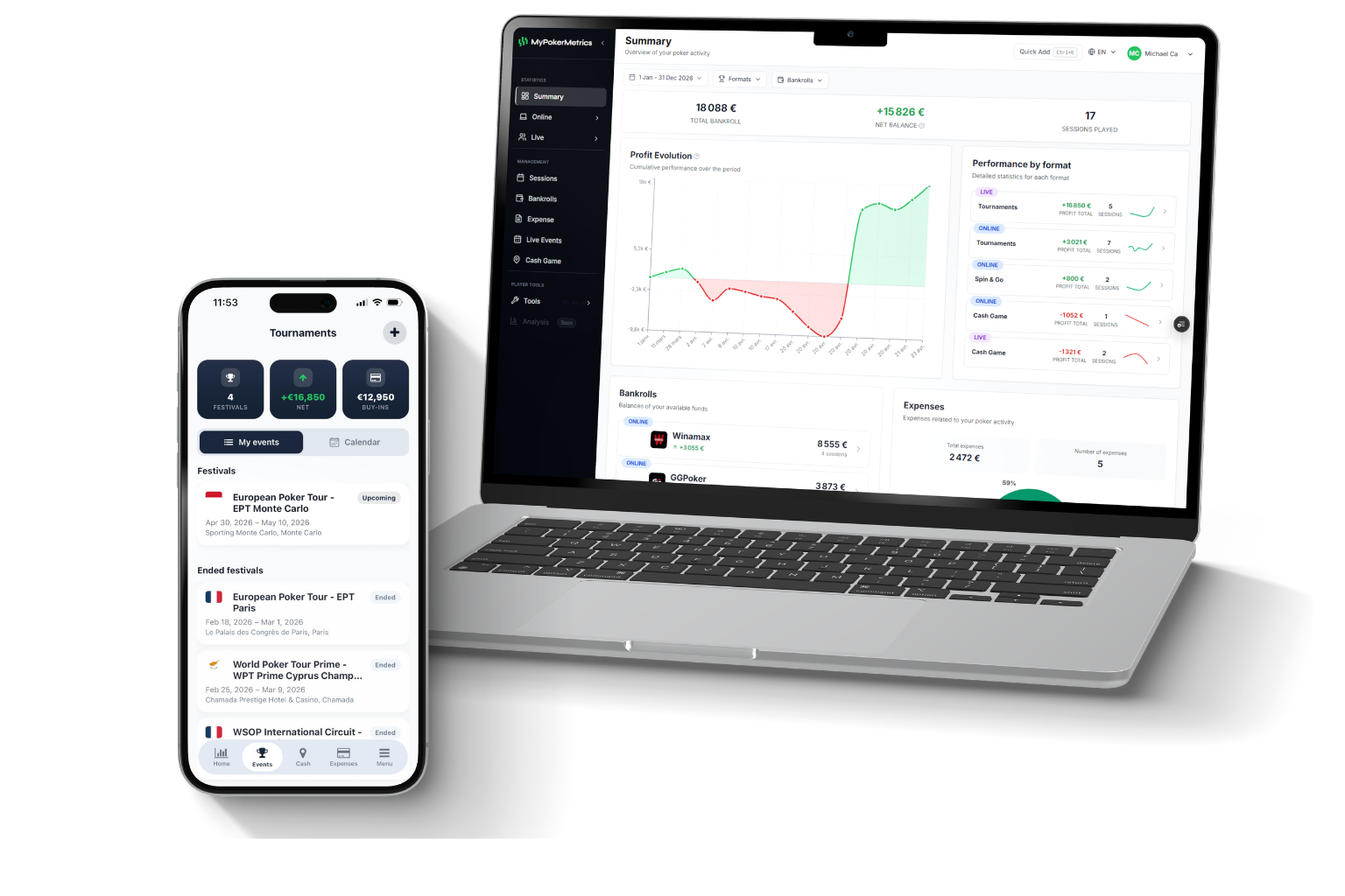 MyPokerMetrics — interface web sur ordinateur et application mobile
