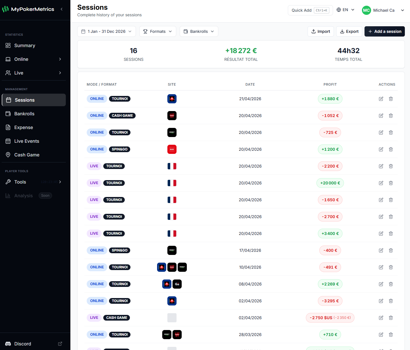 Sessions — historique complet, filtres, résumé et tableau (interface web MyPokerMetrics)